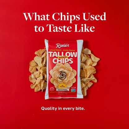 Golden crispy potato chips from Rosie's Chips in a close-up shot, showcasing their crunchy texture and ridged surface.