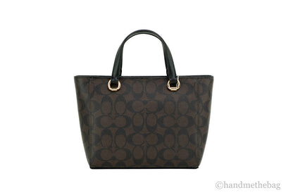 Brown and black Coach CA613 Alice small crossgrain leather satchel with crossbody strap, convertible bag style, shown with strap and interior.