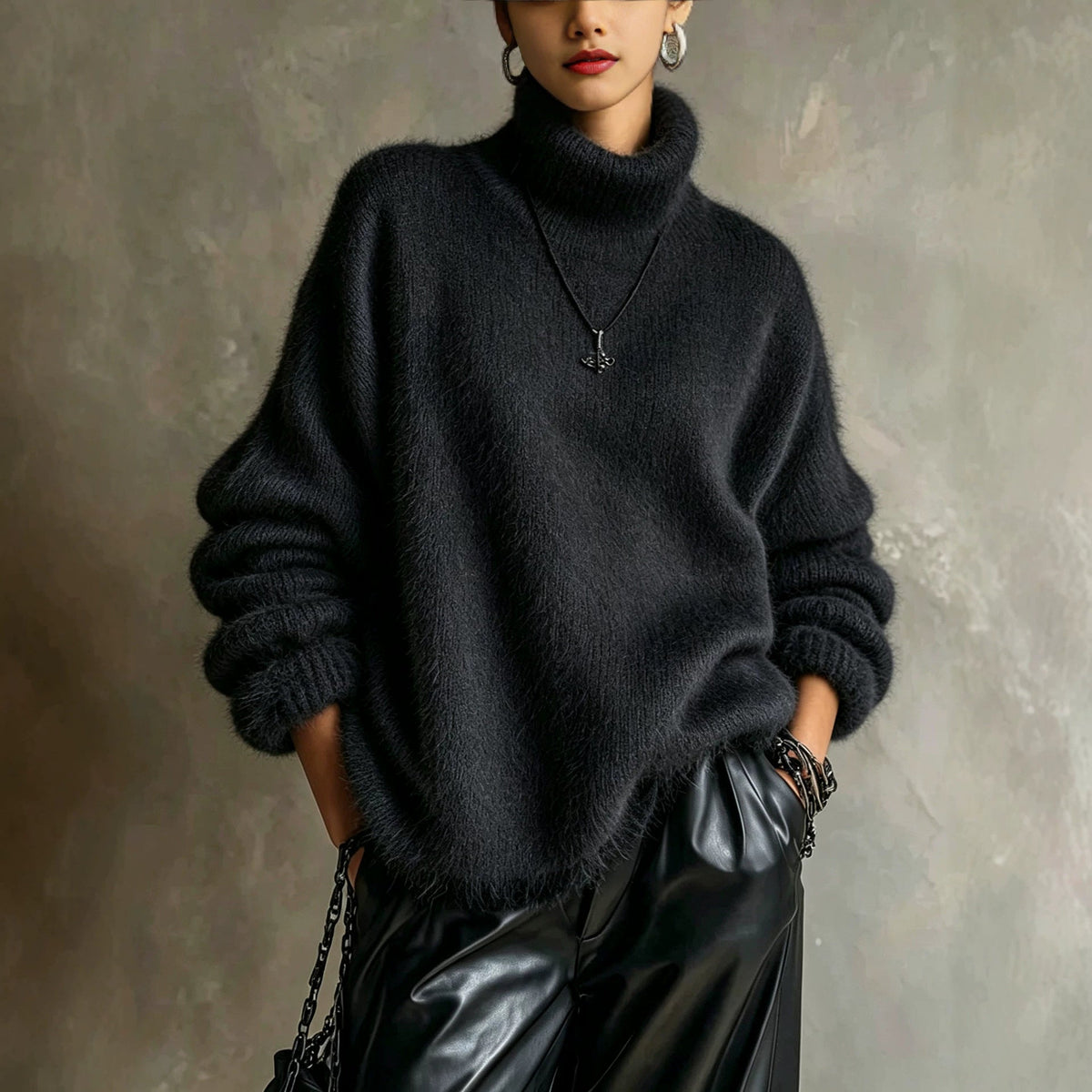 Women's solid-color loose-fitting turtleneck sweater in soft plush knit, front view