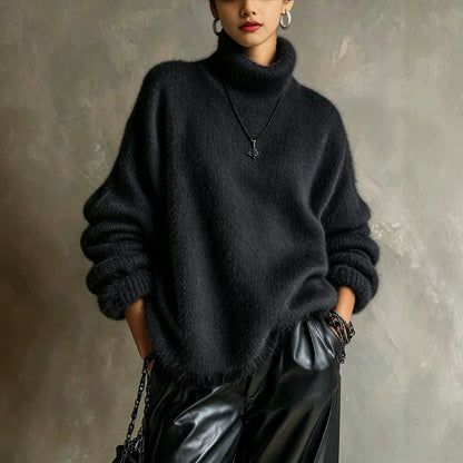 Women's solid-color loose-fitting turtleneck sweater in soft plush knit, front view