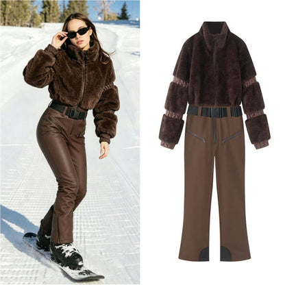 Down-filled fur patchwork zip-up thickened fluffy ski jumpsuit in a full-body winter design