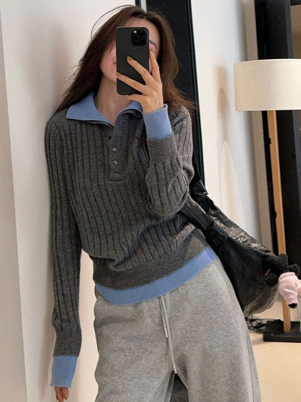 Women's mock two-piece knit sweater with color-blocked turtleneck and long sleeves, autumn winter style