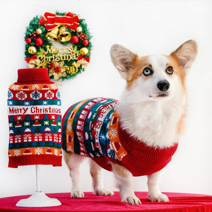 Pet dog wearing a Christmas turtleneck sweater in festive colors