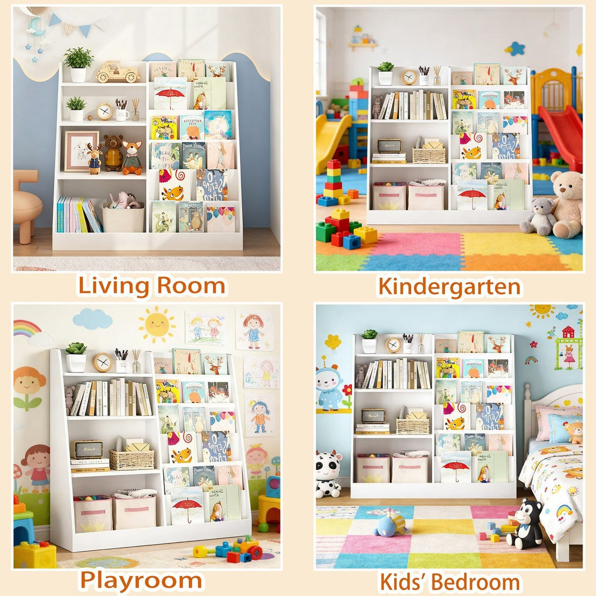 Kids wooden bookshelf with toy storage organizer by GBruno Store, 34.65 inches tall, featuring colorful bins and open shelves for kids.