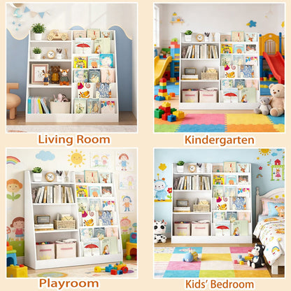 Kids wooden bookshelf with toy storage organizer by GBruno Store, 34.65 inches tall, featuring colorful bins and open shelves for kids.