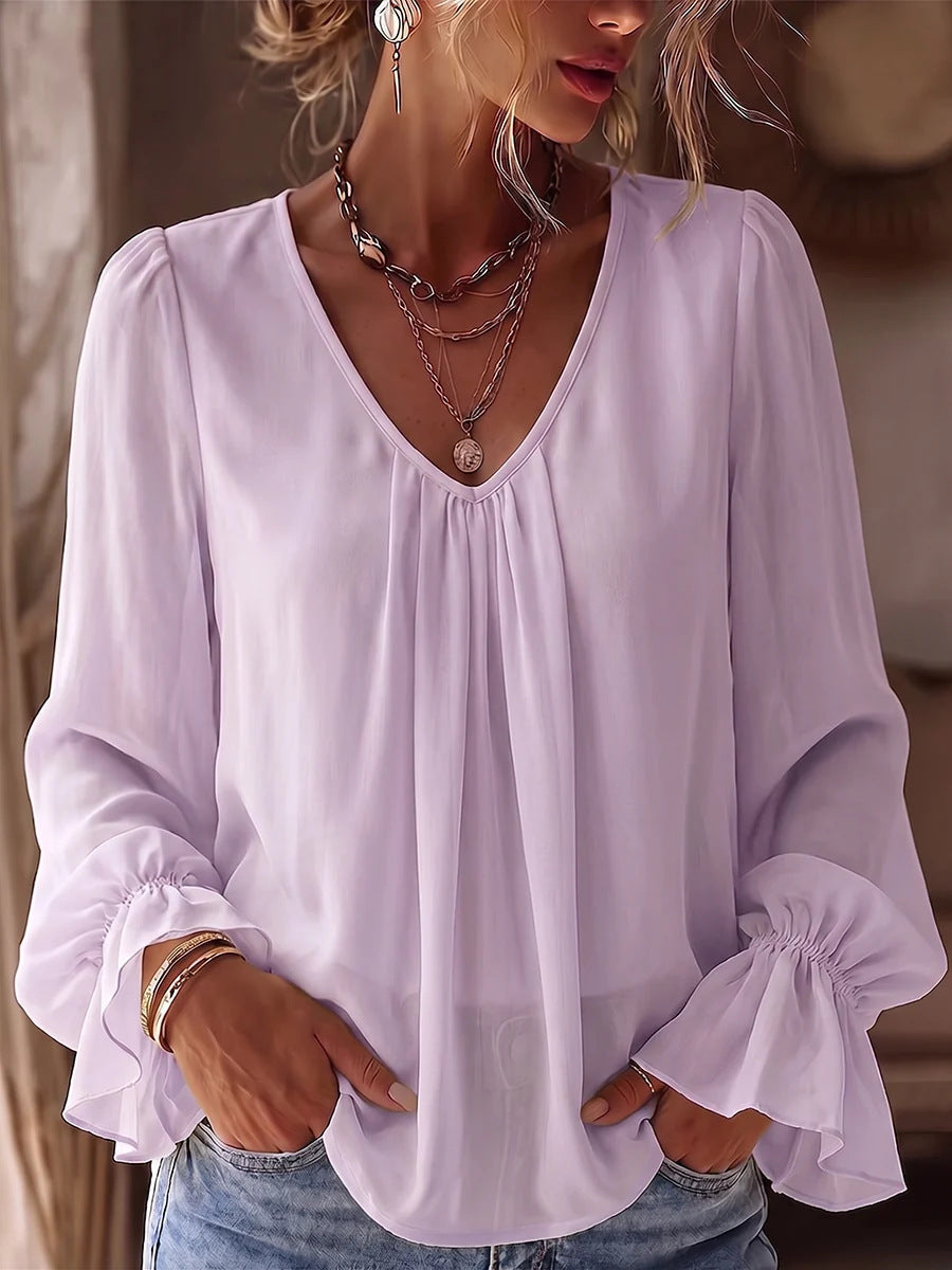 Women's solid color V-neck pleated loose long-sleeve shirt in an elegant casual style