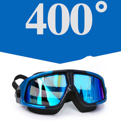 Transparent electroplating swimming goggles with big frame, waterproof design, and myopia lenses for adults