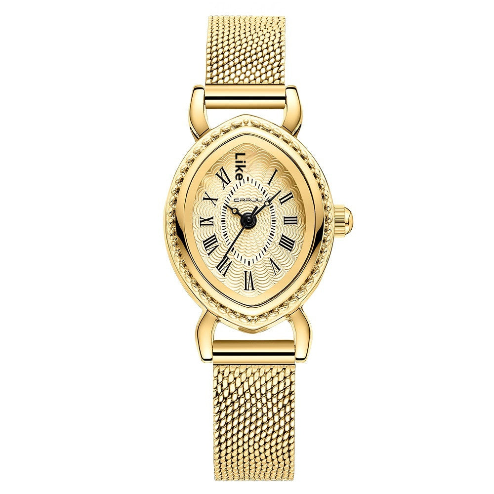 Women's Roman numeral waterproof watch with a round dial and metal strap