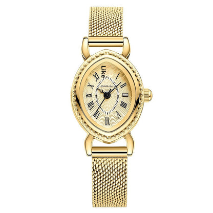 Women's Roman numeral waterproof watch with a round dial and metal strap