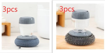 Kitchen soap dispensing palm brush cleaner, push-type dish brush with detergent reservoir