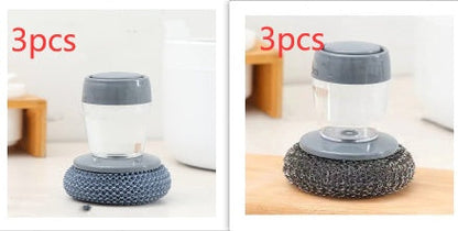 Kitchen soap dispensing palm brush cleaner, push-type dish brush with detergent reservoir