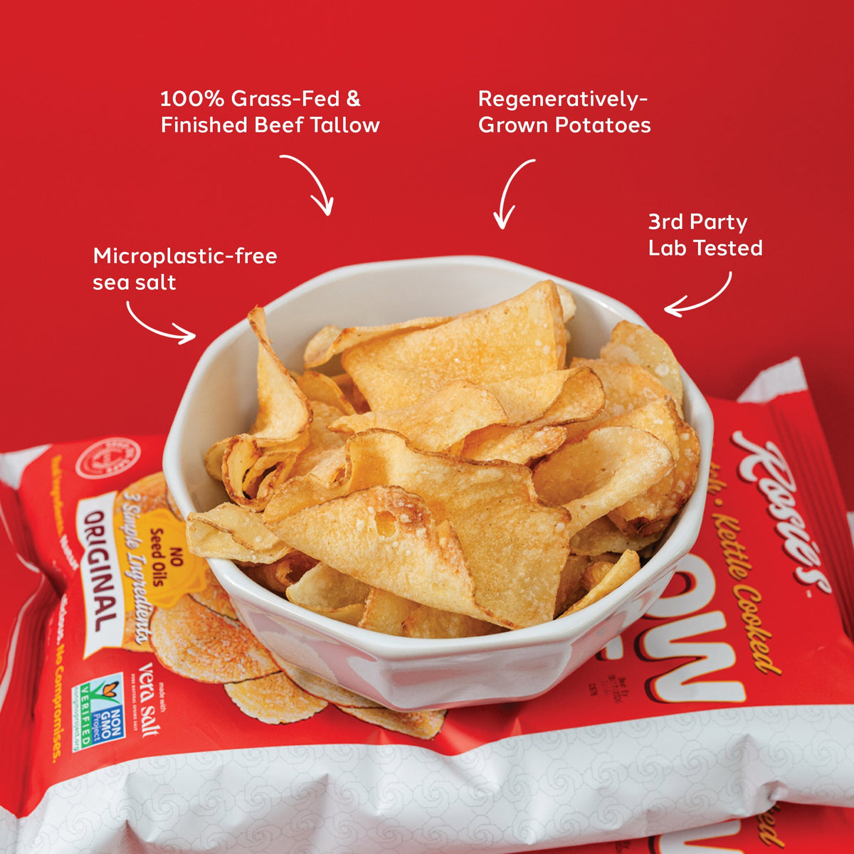 Crispy potato chips from Rosie's Chips brand, showcasing golden, crunchy snack chips on a plain background.