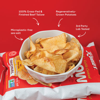 Crispy potato chips from Rosie's Chips brand, showcasing golden, crunchy snack chips on a plain background.