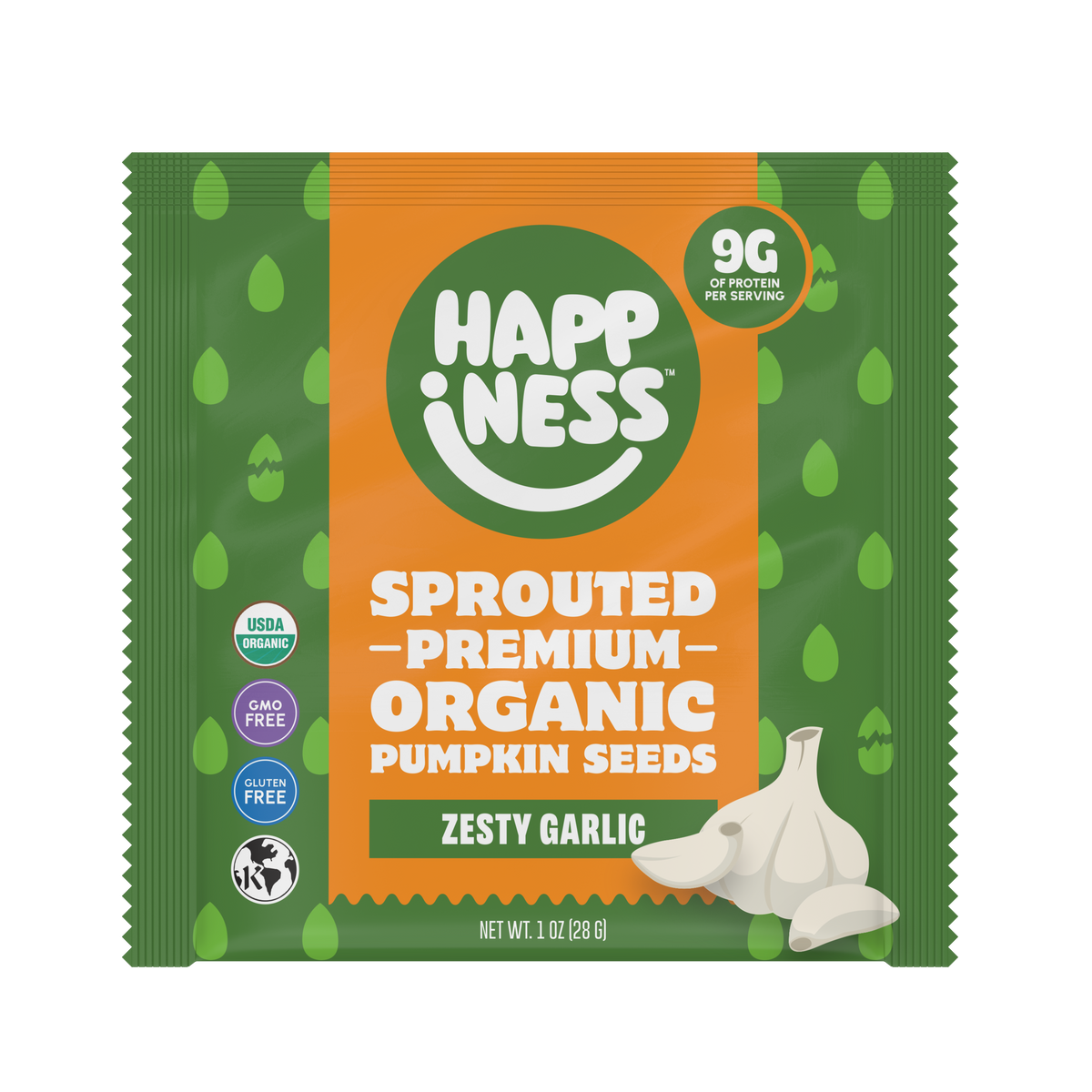 Packet of Happiness Minis sprouted premium organic pumpkin seeds with zesty garlic flavor, green and orange packaging, featuring garlic illustration.