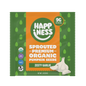 Packet of Happiness Minis sprouted premium organic pumpkin seeds with zesty garlic flavor, green and orange packaging, featuring garlic illustration.