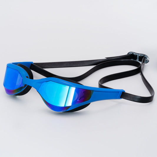 Racing HD anti-fog waterproof swimming glasses by My Store, clear lenses with adjustable blue strap