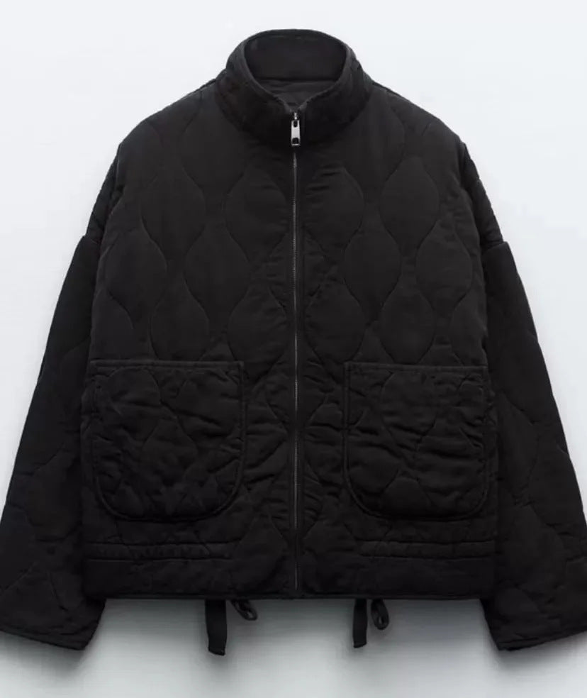 Women's diamond-quilted cotton jacket in a classic design, front view