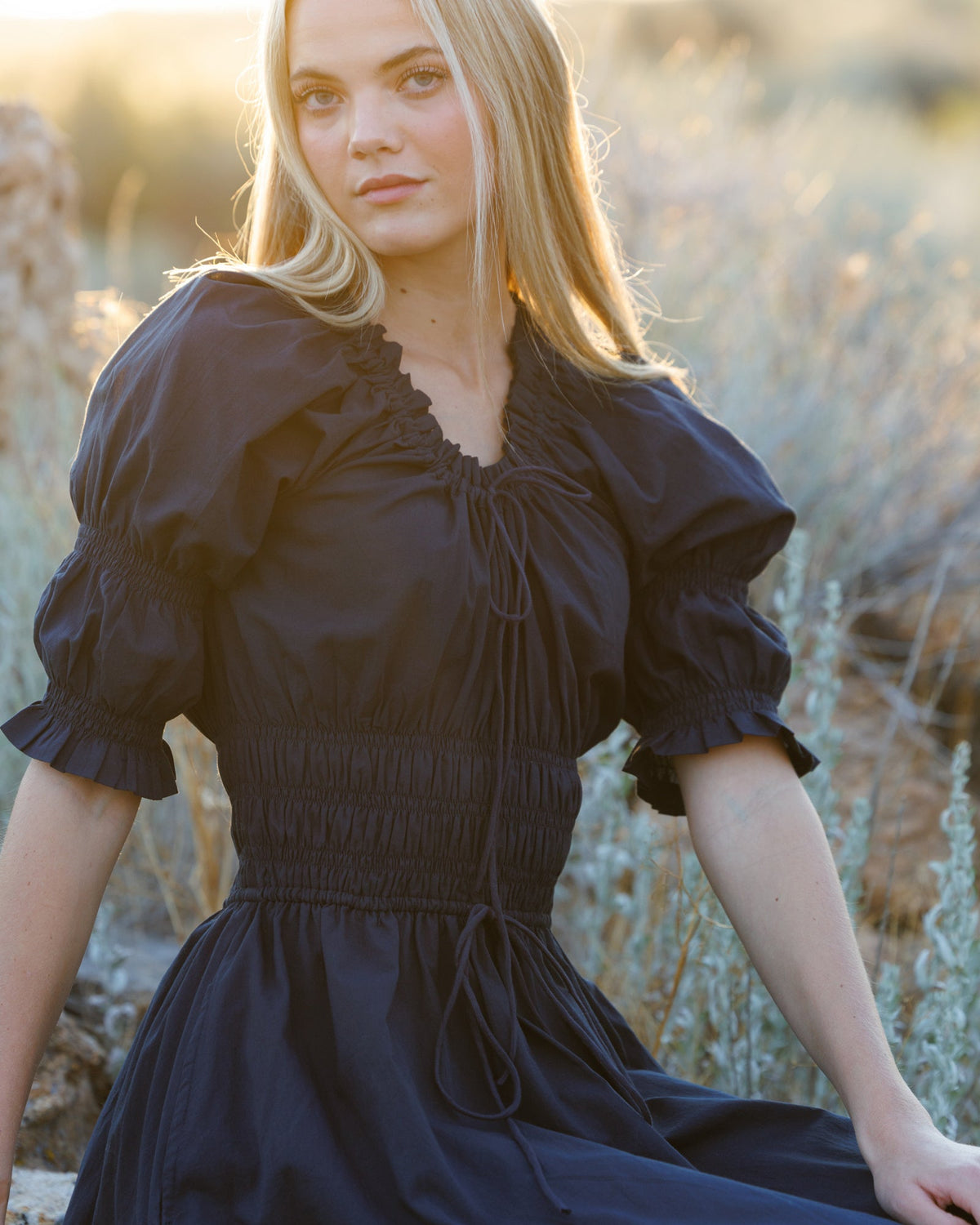 Downeast Long Way Home Dress in Blue Nights featuring flowing fabric and elegant design, perfect for casual or semi-formal wear.