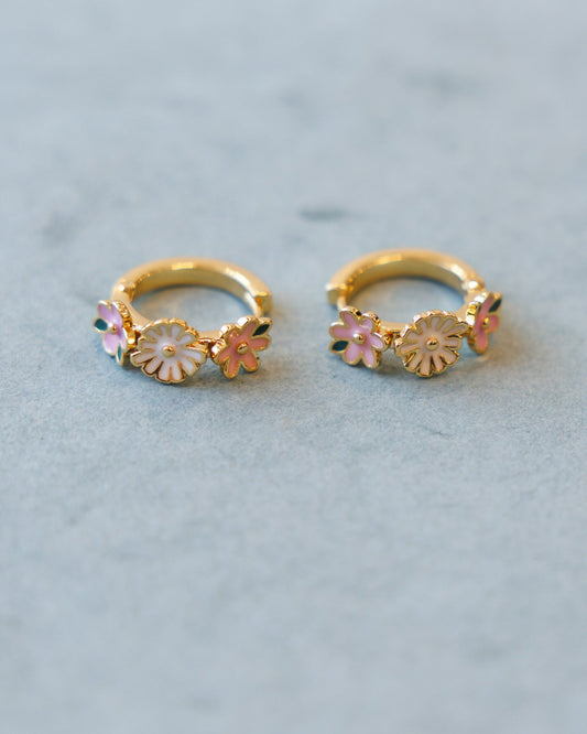 Downeast Summer Blooms Huggie Hoop Earrings featuring colorful floral design on gold-tone hoops.
