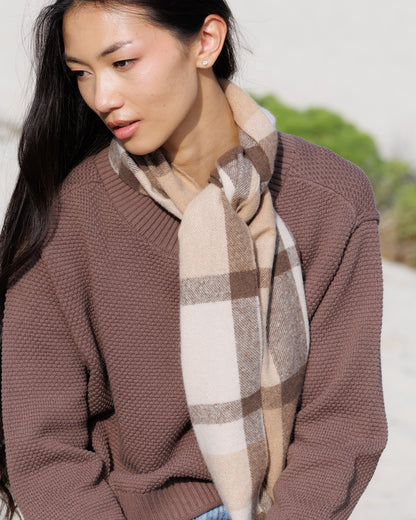 Downeast Fireside Scarf showing cozy, warm fabric with a textured pattern, ideal for cold weather wear.