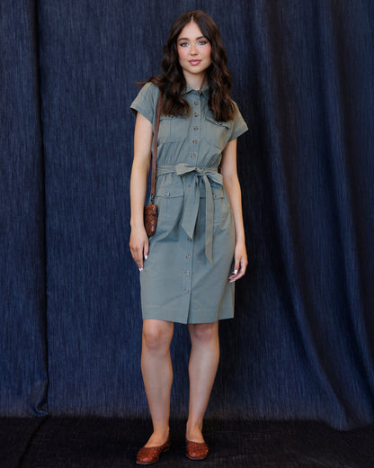 Downeast Field Trip Dress, lightweight and casual dress with a floral pattern, displayed on a hanger.