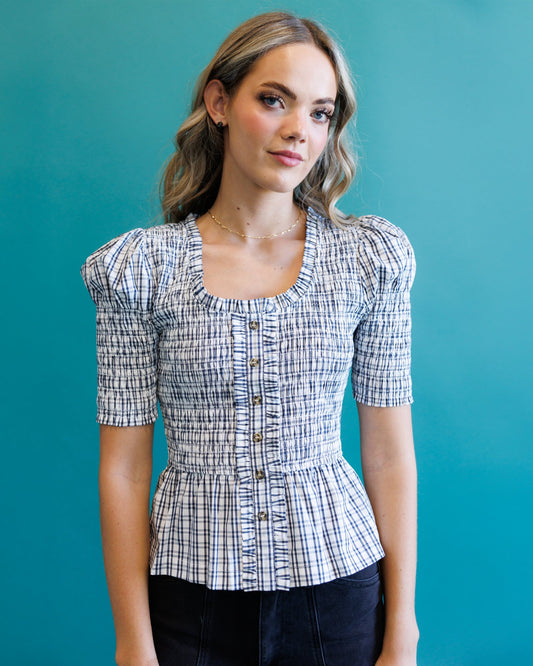 Downeast Oxford Top in light blue, casual long-sleeve shirt with button-down collar, displayed flat with front view.
