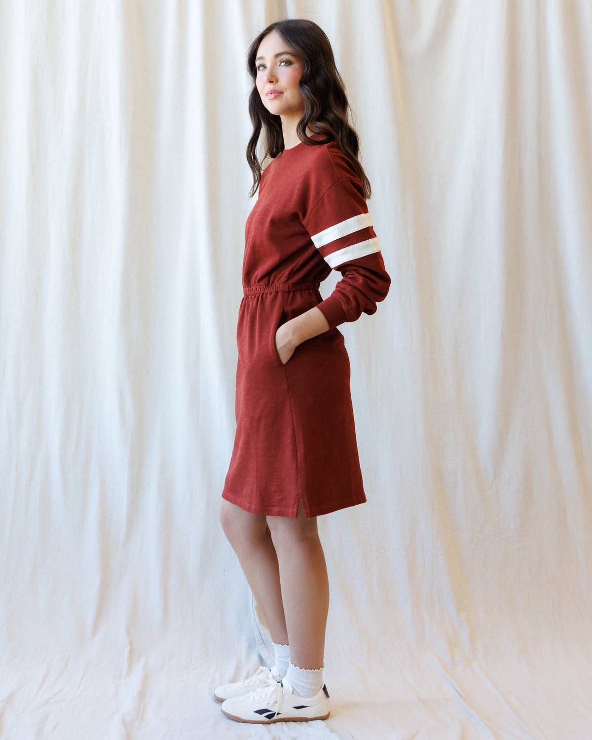 Downeast Campus Dress displayed on a hanger, featuring a casual, comfortable dress with a relaxed fit and neutral fabric.