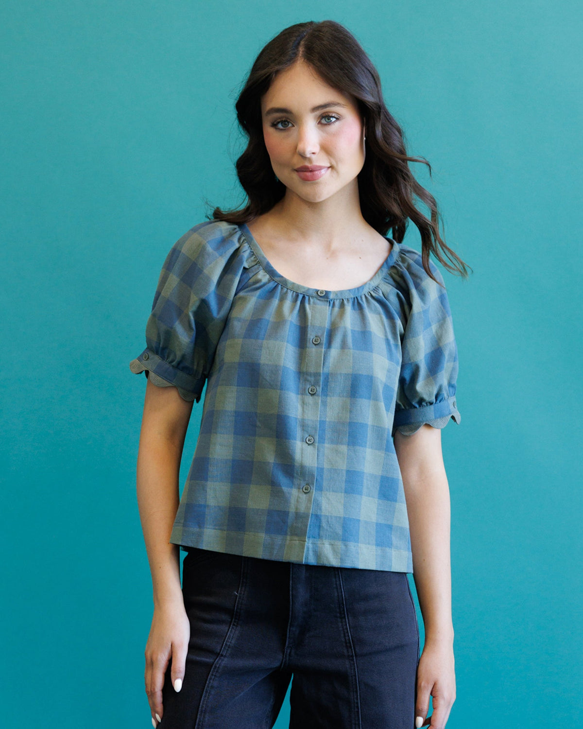 Downeast Checks Notes Top, stylish casual blouse with checked pattern, long sleeves, and relaxed fit.