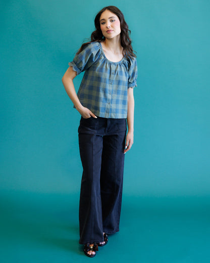 Downeast Checks Notes Top, casual women's blouse with a checkered pattern and button-front design.