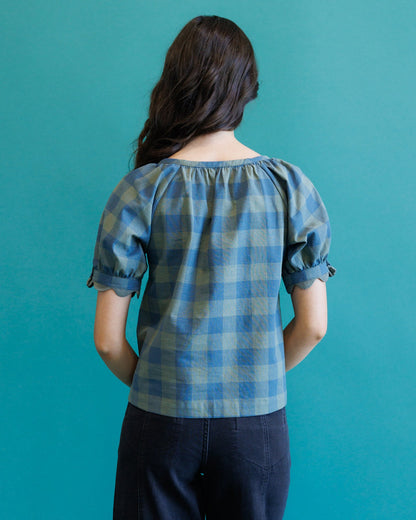 Downeast Checks Notes Top, stylish women's top with checkered pattern, featuring a relaxed fit and long sleeves.