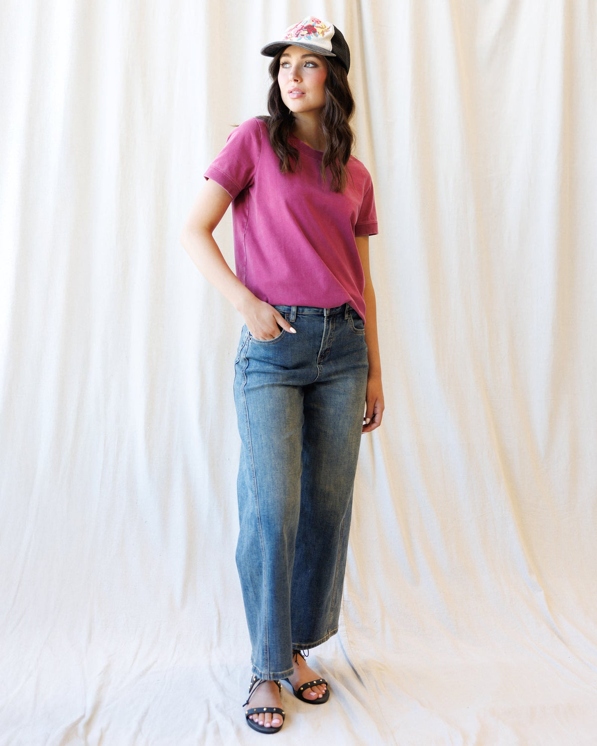 Downeast denim super high ankle wide-leg flattering seam jeans displayed on a model.