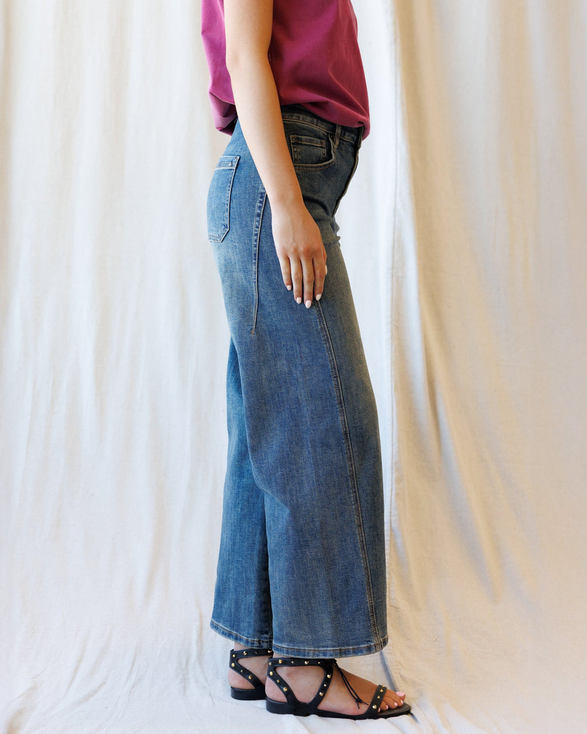 Downeast denim super high ankle wide leg flattering seam jeans, showing the fit and stylish design on a model.