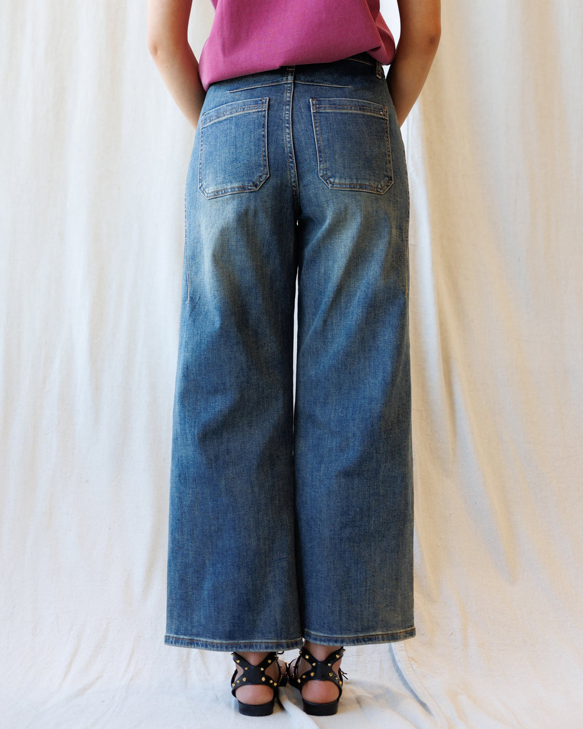 Downeast denim super high ankle wide-leg flattering seam jeans displayed on a model.