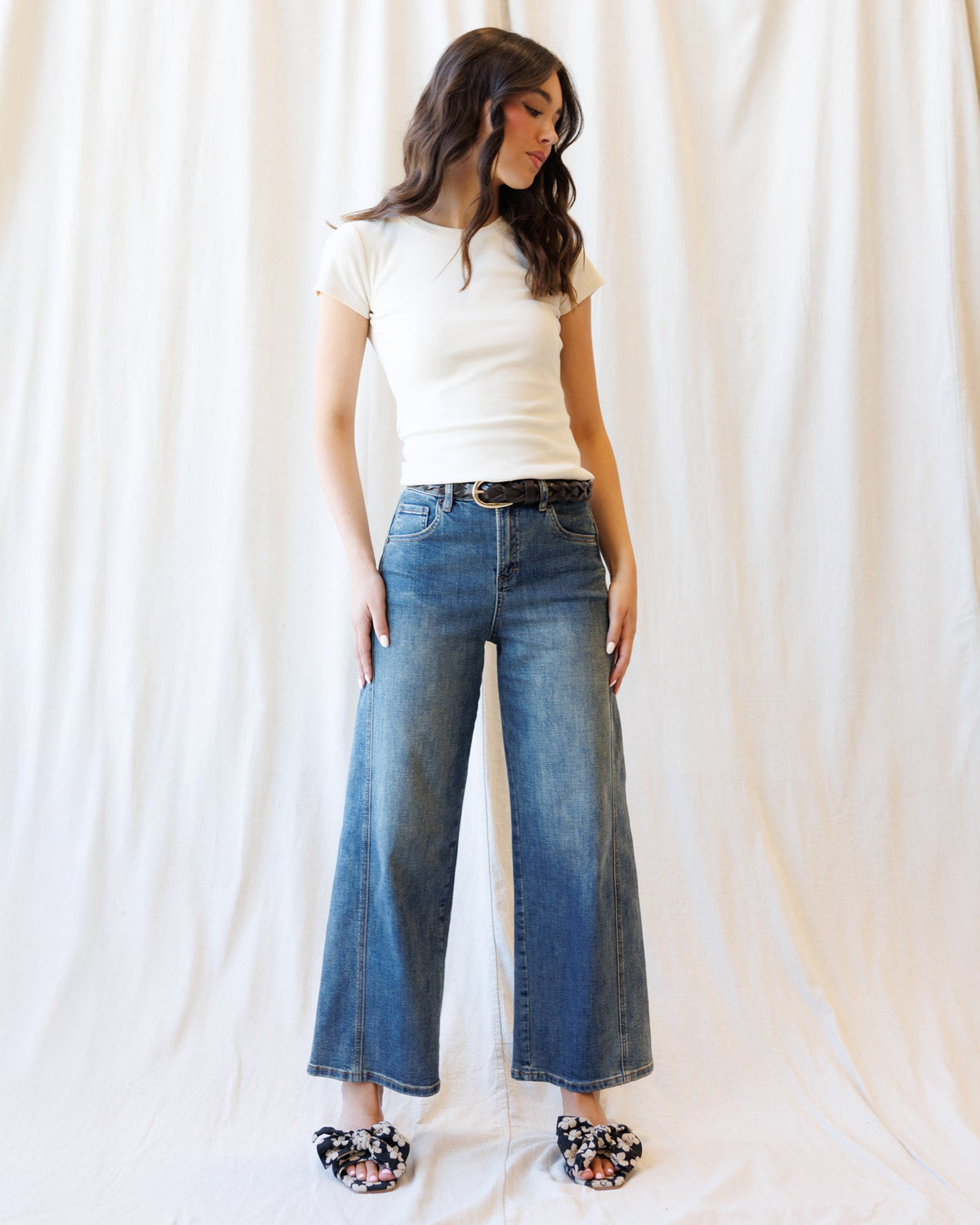 Downeast women's high ankle wide-leg denim jeans with flattering seams, showcasing a stylish and comfortable fit.