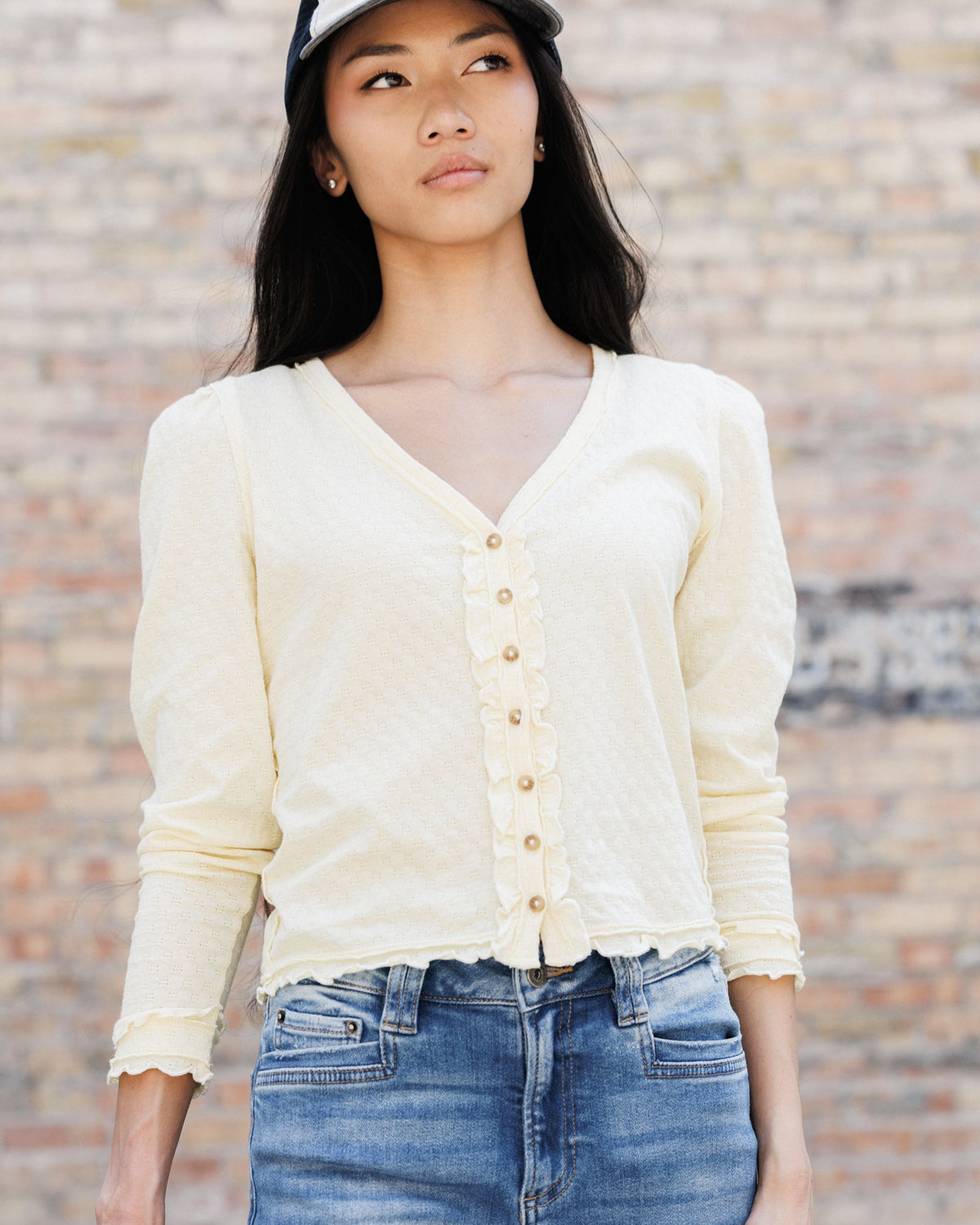 Downeast Carry On Cardi top in cozy knit fabric, shown in a neutral color with a relaxed fit and long sleeves.