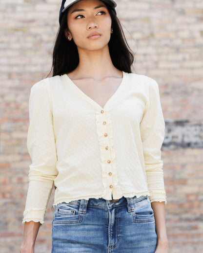 Downeast Carry On Cardi top in cozy knit fabric, shown in a neutral color with a relaxed fit and long sleeves.