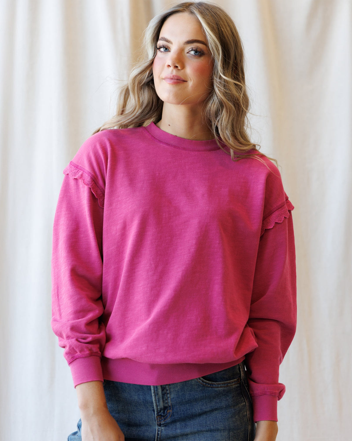 Downeast Prep & Pretty Pullover top in soft fabric with a relaxed fit, featuring a crew neckline and long sleeves.
