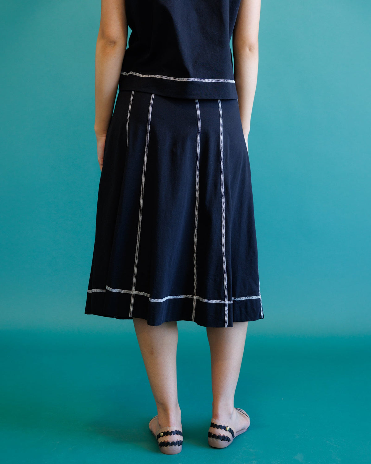Downeast Major Score Skirt in woven fabric with a high waist and A-line silhouette, displayed on a mannequin.