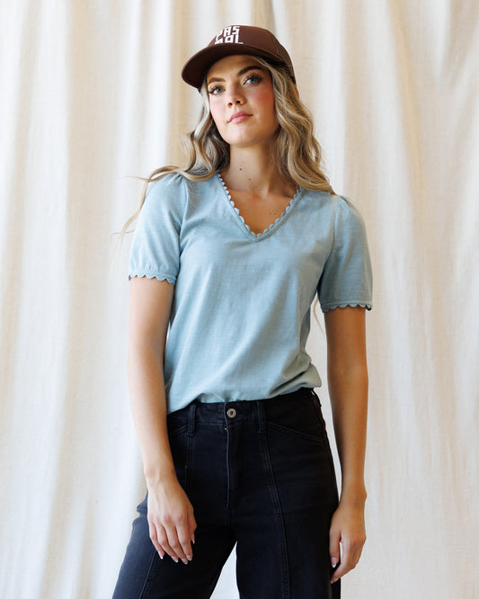 Downeast scallop hem tee in soft fabric, featuring a classic round neckline and scalloped edge detail, styled as a casual tops.