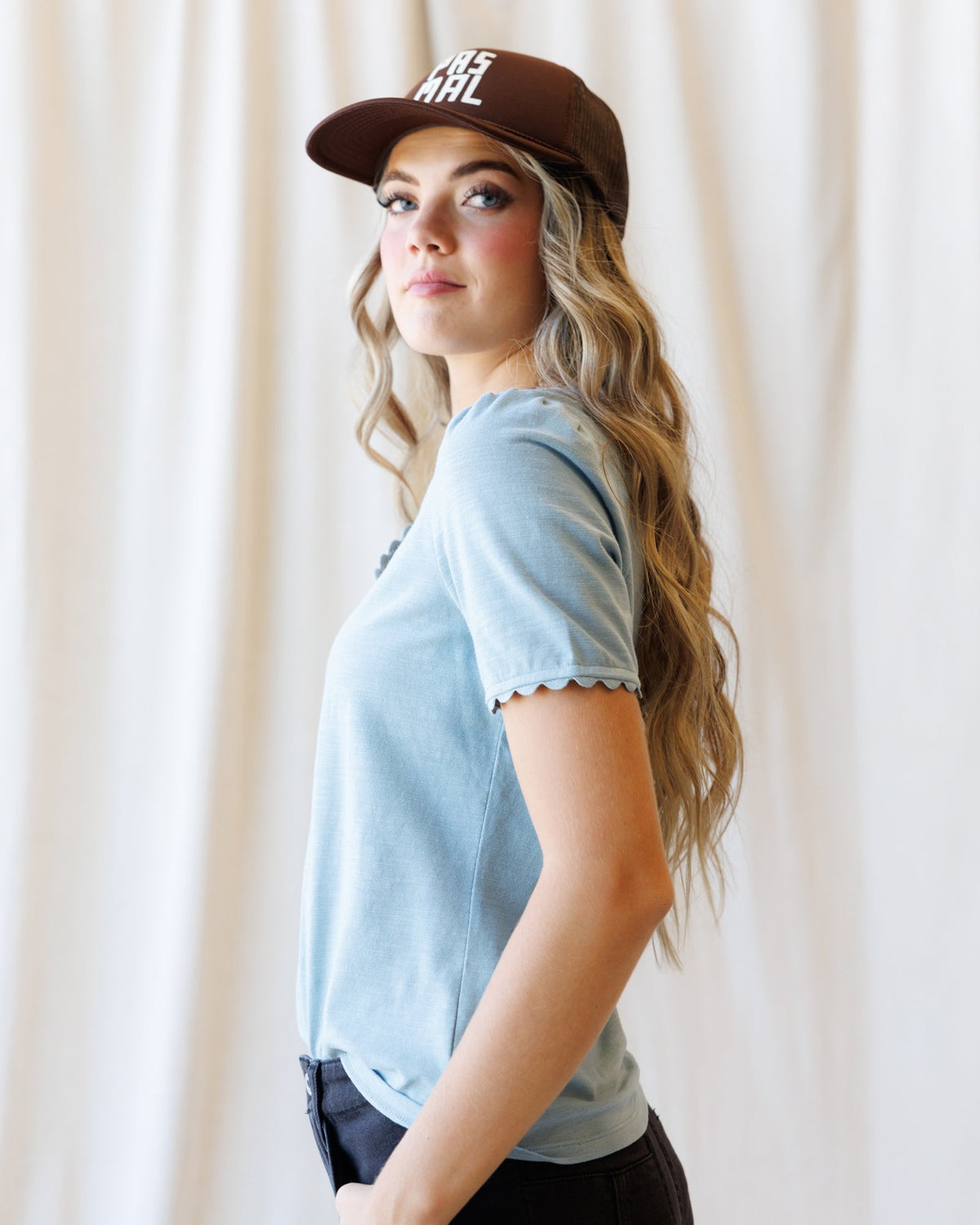 Downeast scallop tee top featuring a stylish scalloped neckline and short sleeves, in a casual, comfortable fit.