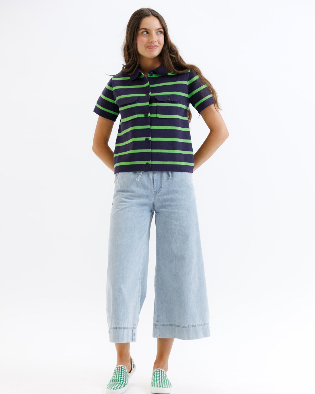 Downeast summer camp sweater, knit sweater with crew neck, lightweight and casual, in a natural outdoor setting.
