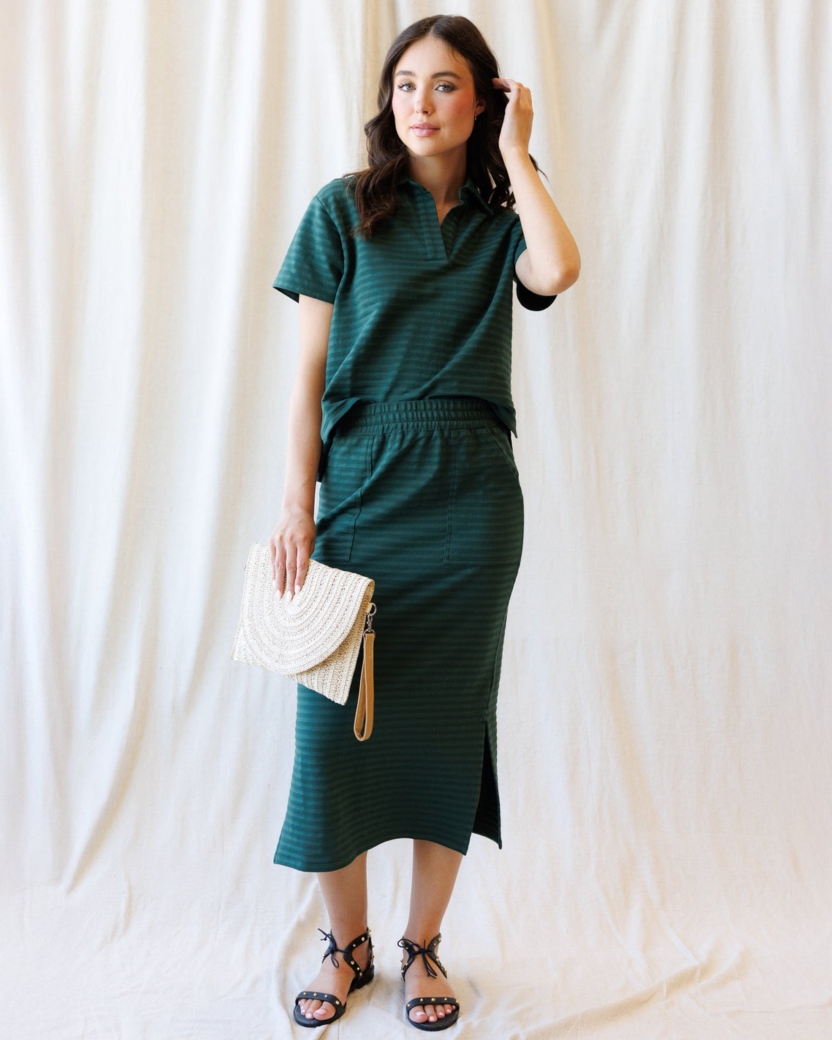 Downeast Du Jour skirt in soft fabric, shown with a flowy silhouette and subtle pattern, perfect for casual or dressy wear.