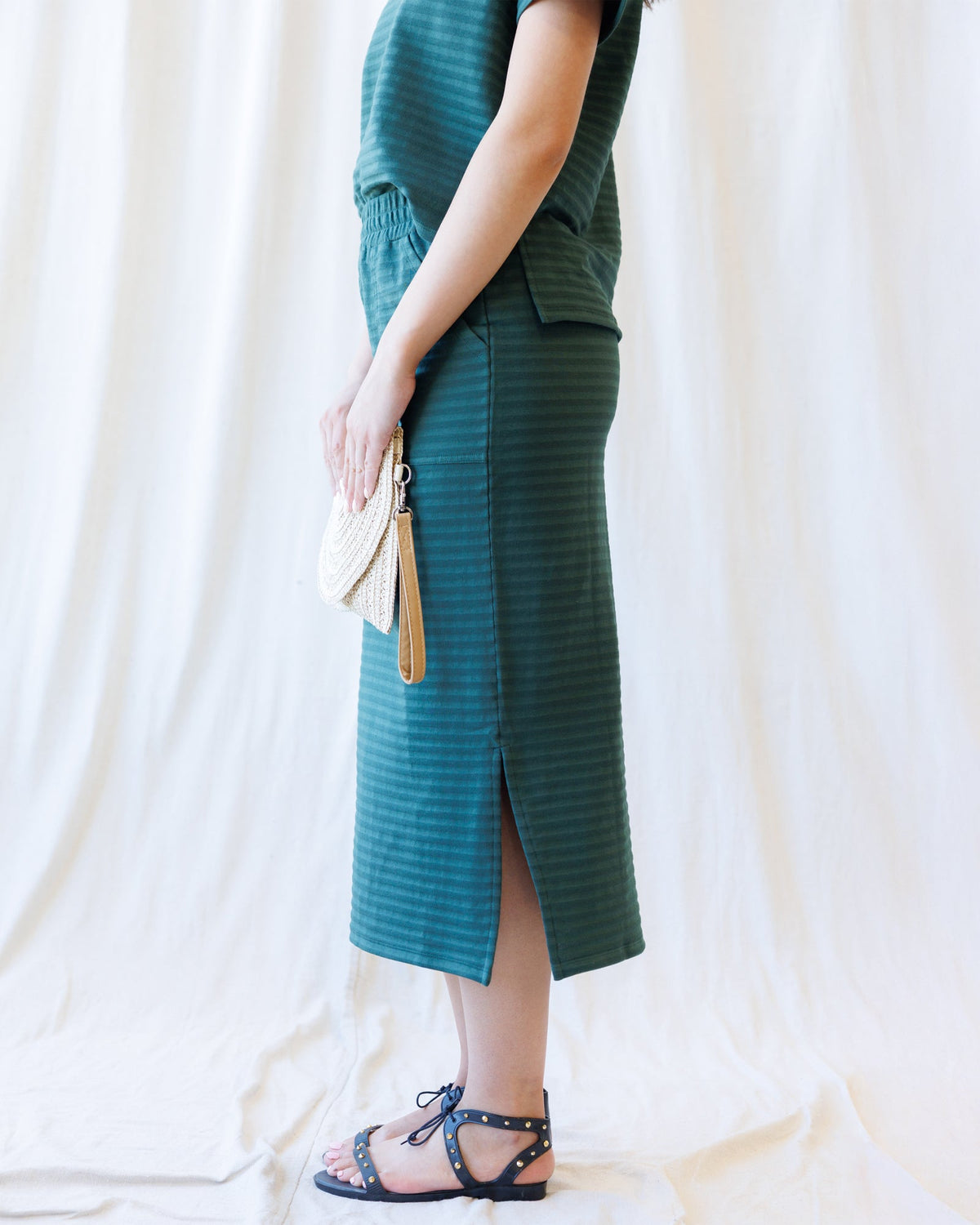 Downeast Du Jour skirt shown in a stylish design, featuring a comfortable fit and versatile length in a natural fabric.