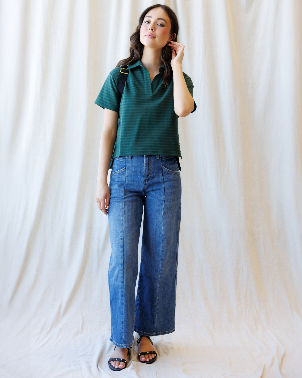 Downeast high rise seamed wide-leg ankle denim jeans displayed on a model with a focus on fit and style.