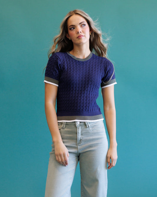 Downeast Academy Cable Crew sweater showing a close-up of the knit pattern in a neutral color.