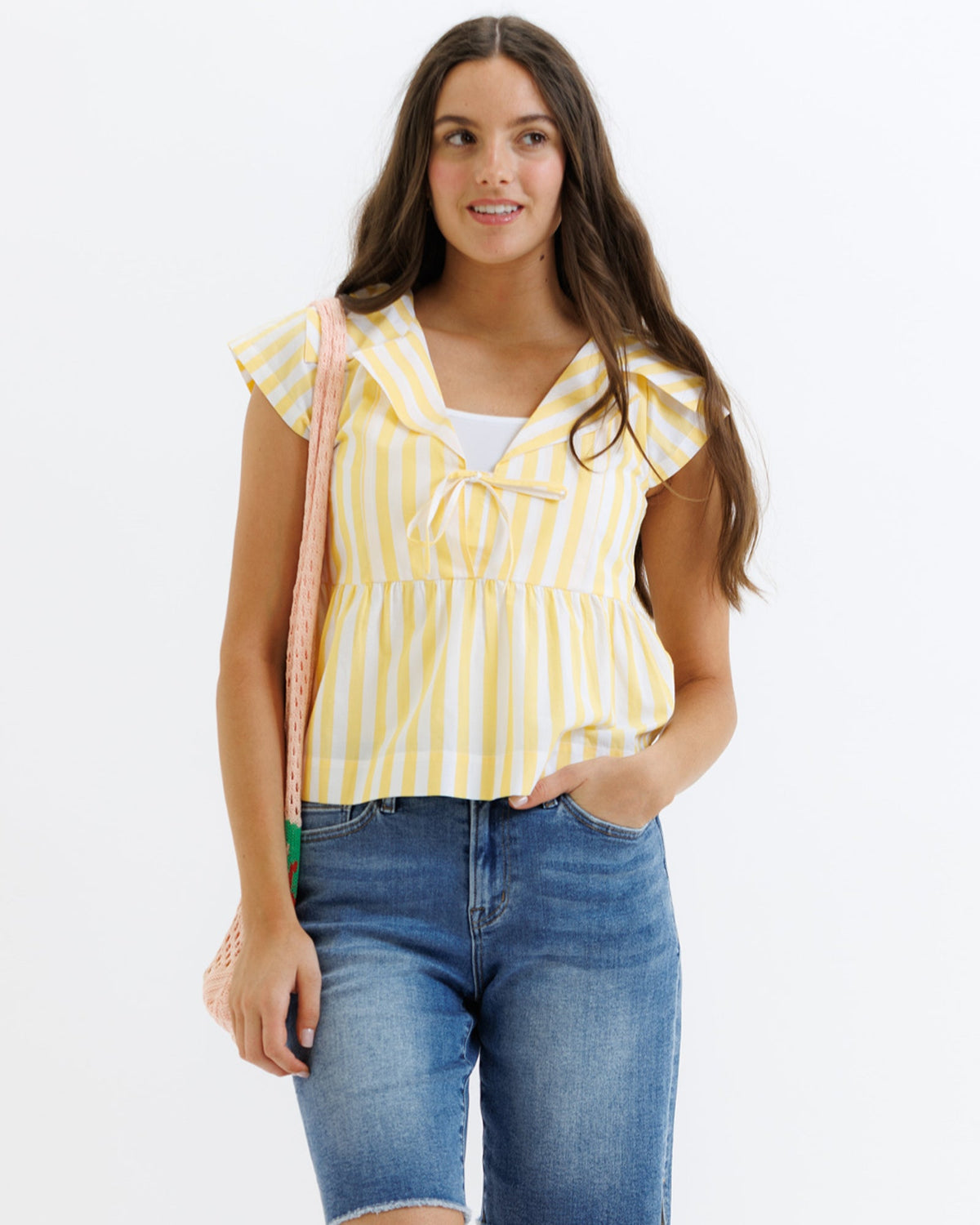 Downeast Sunshine Stripe Top, women's casual blouse with bright yellow and white stripes, short sleeves, and relaxed fit.