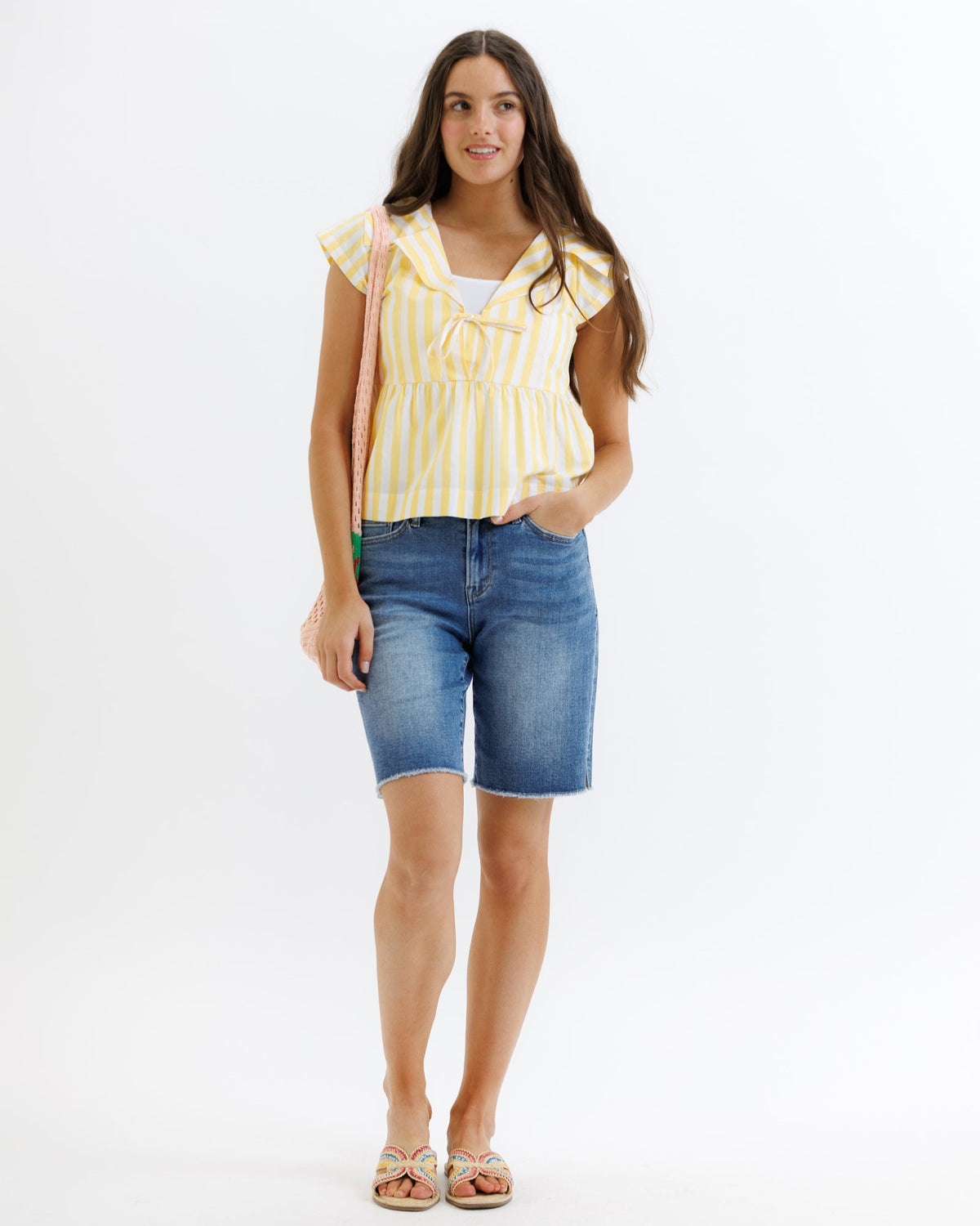 Downeast Sunshine Stripe Top, women's casual top with bright yellow and white stripes, lightweight and comfortable for summer wear.