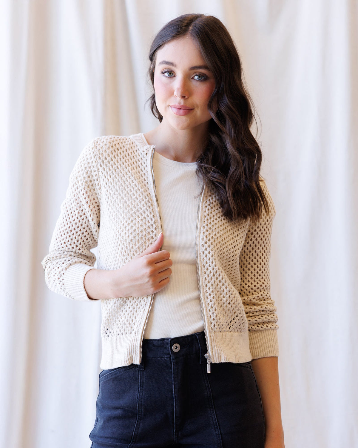 Downeast Signature Sweater Jacket, cozy knit sweater with a textured design, front pockets, and a stylish collar.