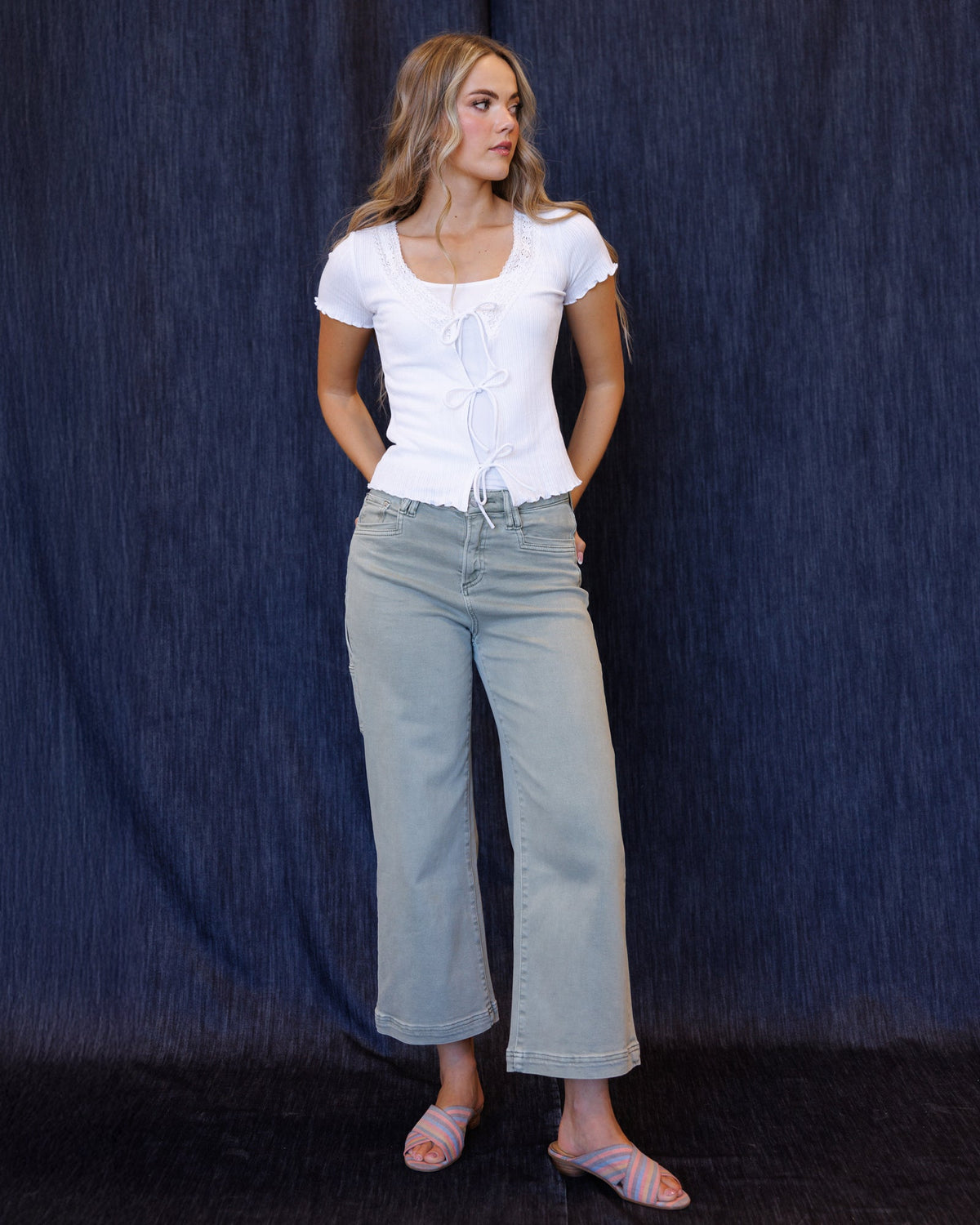 Downeast Tie Breaker Top, stylish women's tops with a relaxed fit and vibrant pattern, shown in a close-up image.