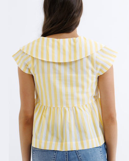 Downeast Sunshine Stripe Top, women's casual short-sleeve top with bright yellow and white stripes, lightweight and comfortable.